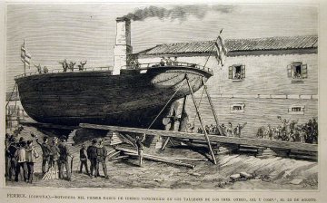 Ferrol, botadura del primer barco de hierro construido en los talleres de los Sres. Otero. Gil y Comp.a